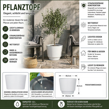 Blumentopf Ø: 40,5 x H: 35 cm Calais White, Weiß, für Innen & Aussen, 32 Liter