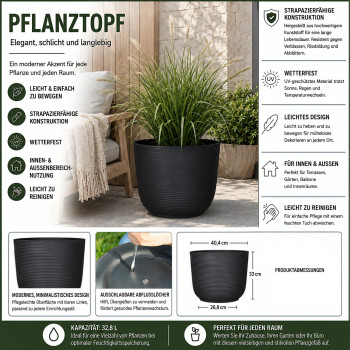 Blumentopf Ø: 40 x H: 33 cm Prado Black, Anthrazit, für Innen & Aussen, 33 Liter