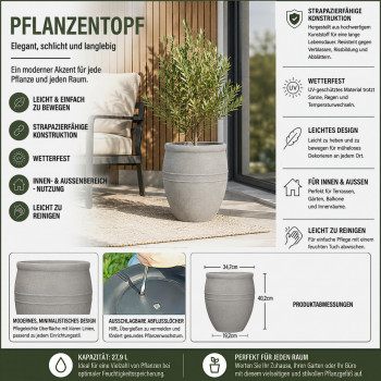 Blumentopf Ø: 34 x H: 40 cm Palermo Stone, Grau, für Innen & Aussen, 28 Liter