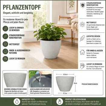 Blumentopf Ø: 30 x H: 24 cm Faux Concrete White, für Innen & Aussen, 11,7 Liter