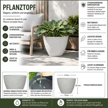 Blumentopf Ø: 37 x H: 29 cm Concrete White, für Innen & Aussen, 21 Liter