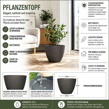 Blumentopf Ø: 30 x H: 24 cm Concrete Chocolate, für Innen & Aussen, 11,7 Liter