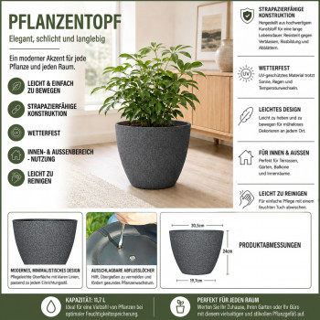 Blumentopf Ø: 30 x H: 24 cm Concrete Dark Grey, für Innen & Aussen, 11,7 Liter