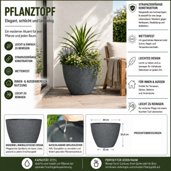 Blumentopf Ø: 44 x H: 37 cm Concrete Dark Grey, für Innen & Aussen, 38 Liter
