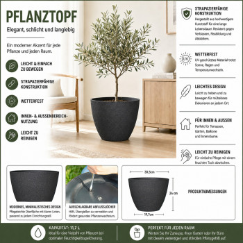 Blumentopf Ø: 30 x H: 24 cm Faux Concrete Black, für Innen & Aussen, 11,7 Liter