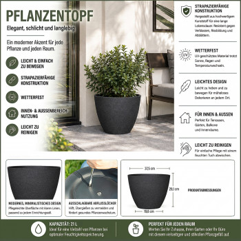 Blumentopf Ø: 37 x H: 29 cm Concrete Black, für Innen & Aussen, 21 Liter