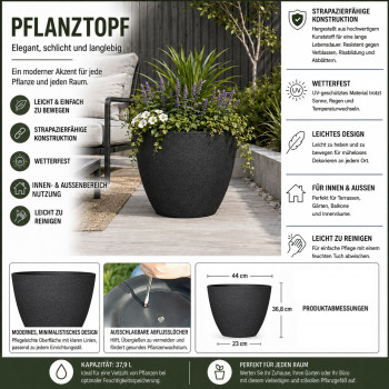 Blumentopf Ø: 44 x H: 37 cm Concrete Black, für Innen & Aussen, 38 Liter