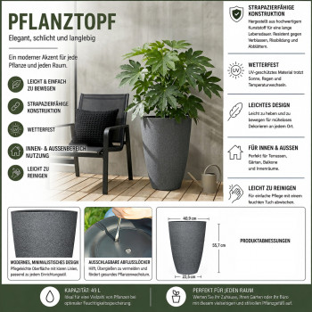 Blumentopf Ø: 41 x H: 55,7 cm Faux Dark Grey, für Innen & Aussen, 49 Liter