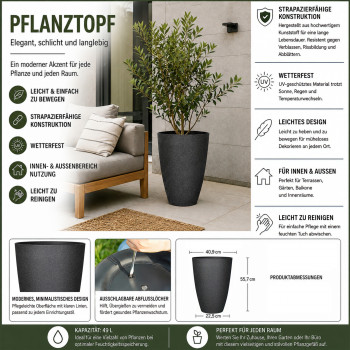 Blumentopf Ø: 41 x H: 55,7 cm Faux Black, für Innen & Aussen, 49 Liter